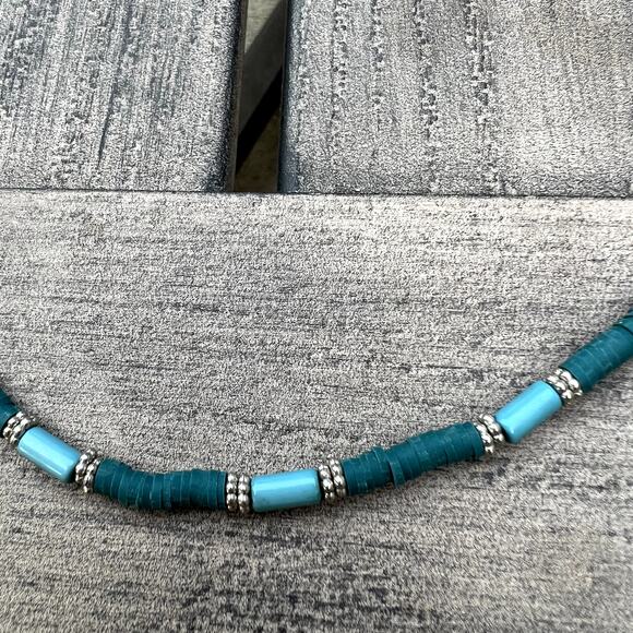 Turquoise and Teal Clay Bead Silver Necklace Pre-Loved - Picture 2 of 2
